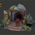 Natural Rocky Cave Entrance With Wooden Archway Lanterns Rail Tracks Mine Cart And Green Plants