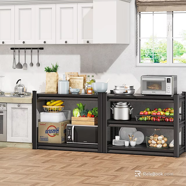 Practical Kitchen Storage Rack With Fruits Vegetables Cookware Microwave Dishes And White Cabinets 3d model 