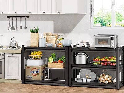 Practical Kitchen Storage Rack With Fruits Vegetables Cookware Microwave Dishes And White Cabinets 3d model