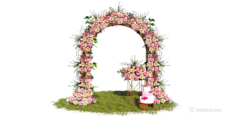 Floral Decor Arch with Pink White Flowers Grass Ground Table Bouquet and Cake 3d model 