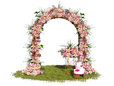 Floral Decor Arch with Pink White Flowers Grass Ground Table Bouquet and Cake 3d model