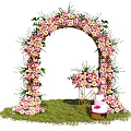 Floral Decor Arch with Pink White Flowers Grass Ground Table Bouquet and Cake