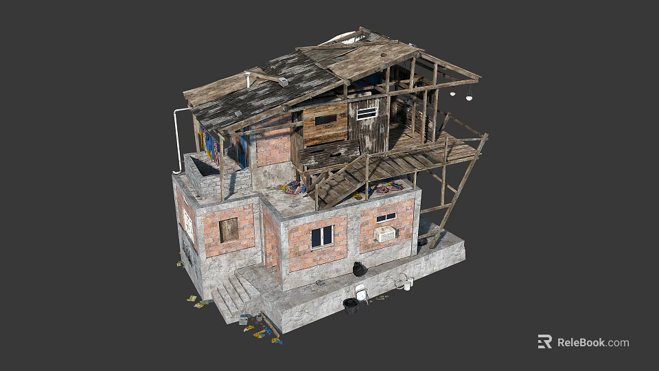 Shabby Red Brick Building With Broken Roof Drying Clothes And Makeshift Stairs 3d model 