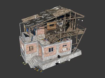 Shabby Red Brick Building With Broken Roof Drying Clothes And Makeshift Stairs 3d model