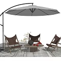 Outdoor Table with Wooden Chairs Patio Umbrella Decorative Fruits and Floor Rug