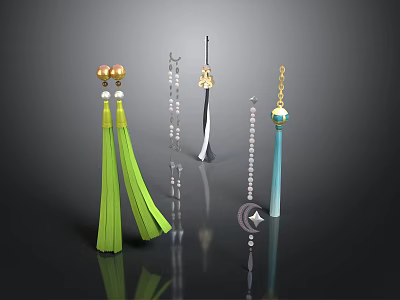 Colorful Living Supplies Collection With Green Tassels Silver Hairpins Blue Pendants And Pearl Chains 3d model