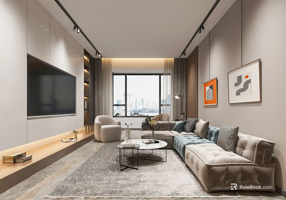 Modern Living Dining Room Interior With Large TV Gray Sofa And City View Through Window 3d model 