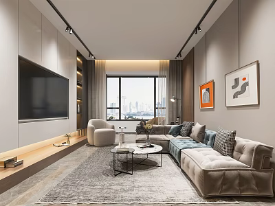 Modern Living Dining Room Interior With Large TV Gray Sofa And City View Through Window 3d model