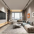 Modern Living Dining Room Interior With Large TV Gray Sofa And City View Through Window