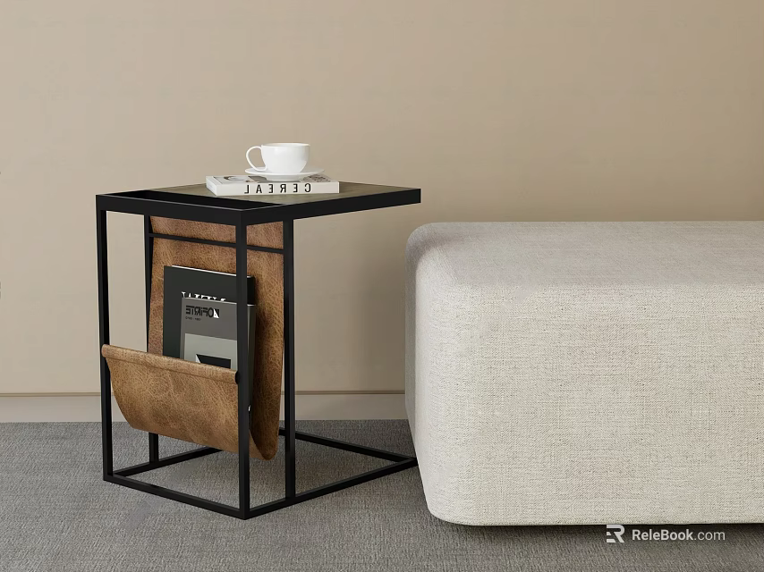 Modern Black Frame Side Table With Fabric Pouch For Magazines Next To Beige Sofa 3d model 