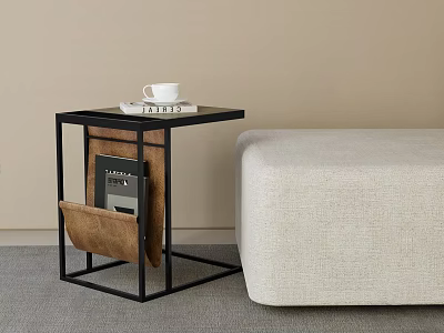Modern Black Frame Side Table With Fabric Pouch For Magazines Next To Beige Sofa 3d model
