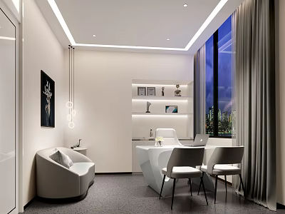 Modern Office Interior With Open Layout Sofa Desk Chairs Bookshelf And Floor to Ceiling Windows 3d model