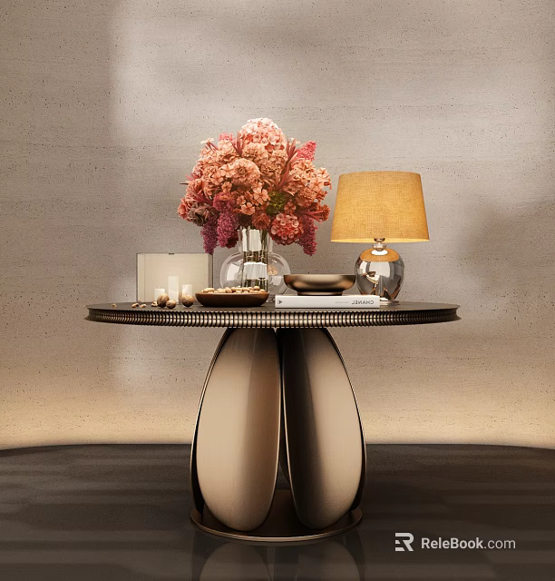 Decorative Ornament Combination on Modern Table with Pink Flower Vase Table Lamp Candles and Plates 3d model 