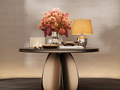Decorative Ornament Combination on Modern Table with Pink Flower Vase Table Lamp Candles and Plates 3d model