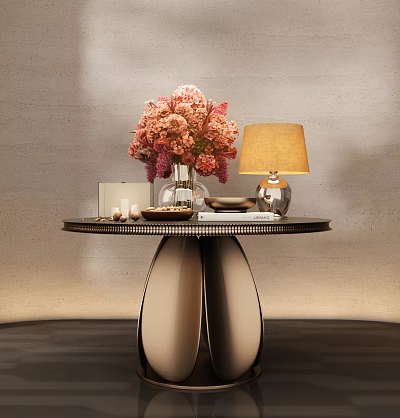 Decorative Ornament Combination on Modern Table with Pink Flower Vase Table Lamp Candles and Plates 3d model