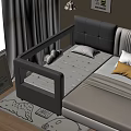 Modern Kids Bed with Safety Guardrail Gray Beige Cartoon Pattern Mattress and Soft Pillows
