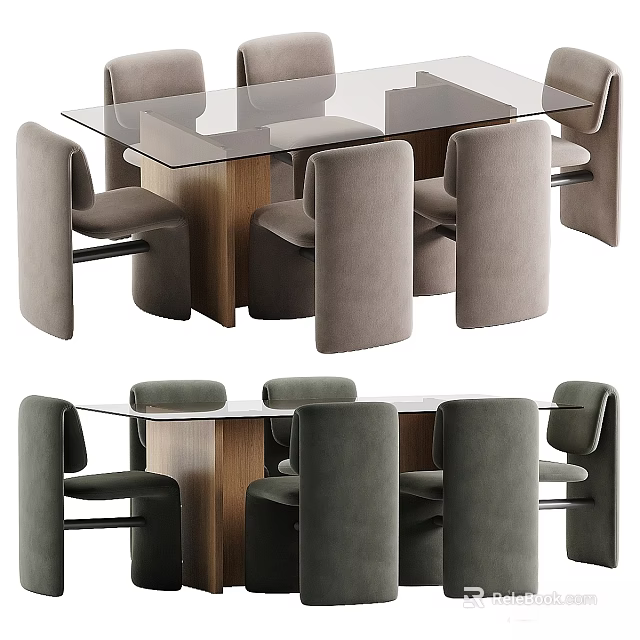 Modern Dining Table And Chairs Set With Glass Top Wooden Legs And Gray Upholstered Seats 3d model 