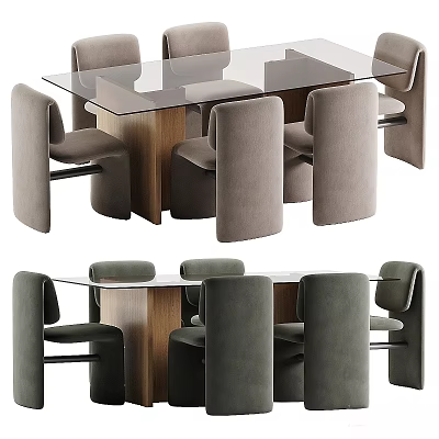 Modern Dining Table And Chairs Set With Glass Top Wooden Legs And Gray Upholstered Seats 3d model