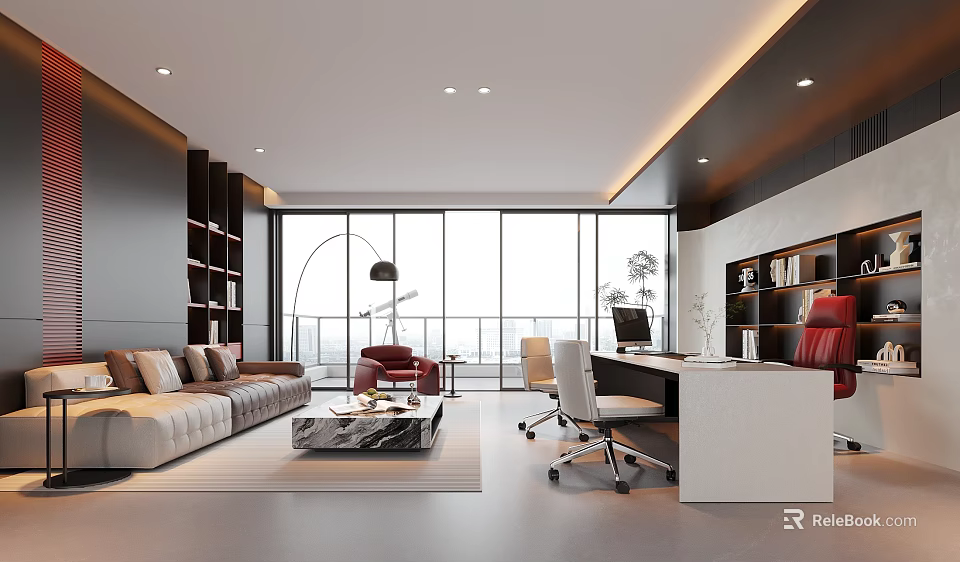 Modern Office Interior With Large Windows Bookshelves Workspace And Seating Area 3d model 