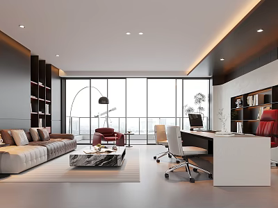 Modern Office Interior With Large Windows Bookshelves Workspace And Seating Area 3d model