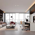 Modern Office Interior With Large Windows Bookshelves Workspace And Seating Area
