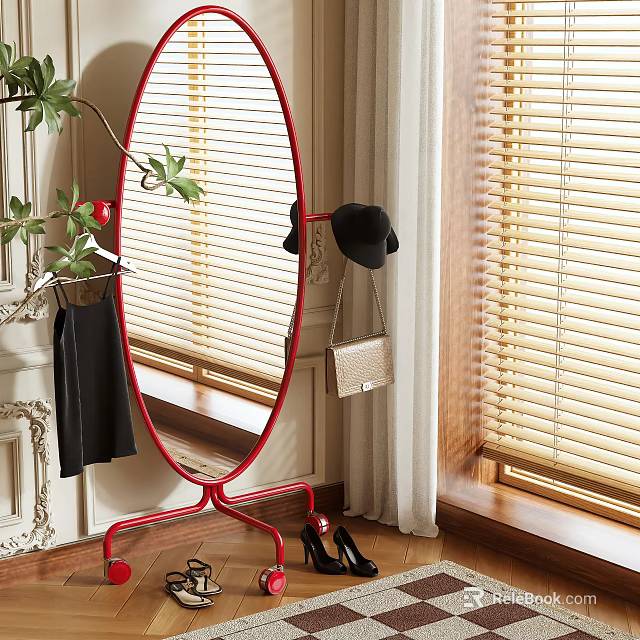 Elegant Oval Mirror With Red Stand Hat Handbag Shoes Near Window Blinds And Plant 3d model 