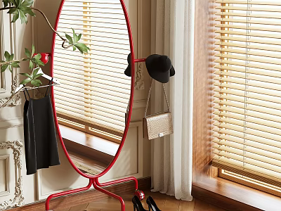 Elegant Oval Mirror With Red Stand Hat Handbag Shoes Near Window Blinds And Plant 3d model