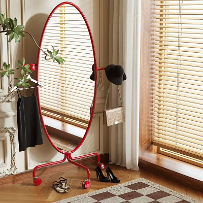 Elegant Oval Mirror With Red Stand Hat Handbag Shoes Near Window Blinds And Plant 3d model