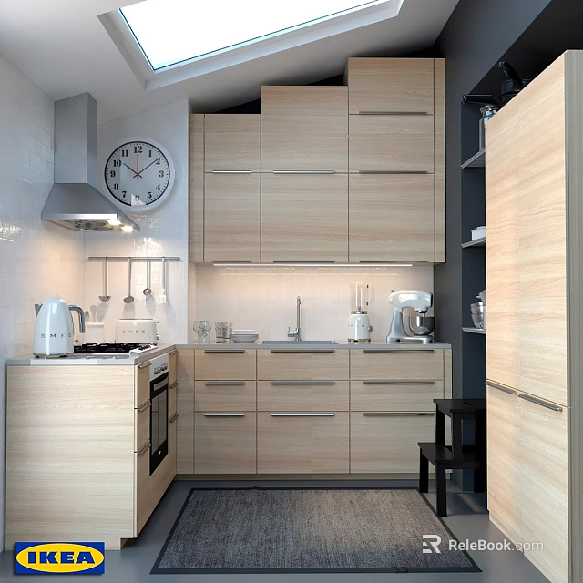 Modern Kitchen Interior With Light Wood Cabinets Stove Sink And Appliances 3d model 