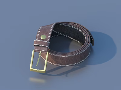 Genuine Brown Leather Belt With Gold Buckle And Stitched Edges For Daily Wear 3d model