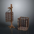Vintage Metal Cages With Grid Design One Hanging On Wooden Stand And Square Shape