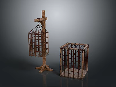Vintage Metal Cages With Grid Design One Hanging On Wooden Stand And Square Shape 3d model