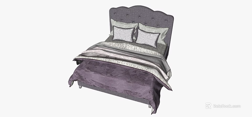 Cozy Double Bed With Tufted Gray Headboard Purple Comforter And Gray Patterned Pillows 3d model 