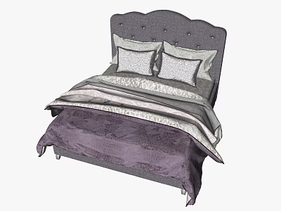 Cozy Double Bed With Tufted Gray Headboard Purple Comforter And Gray Patterned Pillows 3d model