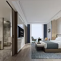 Modern Hotel Room Interior With King Bed Wooden Flooring Geometric Rug And Marble Bathroom