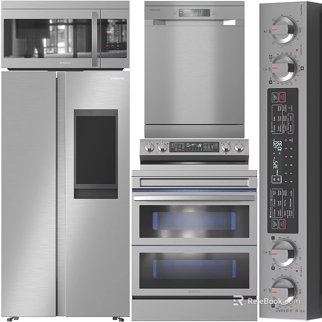 Stainless Steel Modern Kitchen Appliances Including Refrigerator Double Oven Microwave And Control Panel 3d model 