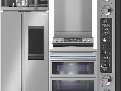 Stainless Steel Modern Kitchen Appliances Including Refrigerator Double Oven Microwave And Control Panel 3d model