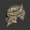 Silver And Gold Decorative Helmet With Intricate Floral Patterns And Ornamental Design