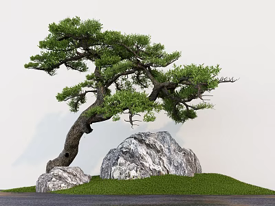 Arbor With Curved Branches Green Foliage And Large Rocks On Green Grass White Wall Background 3d model