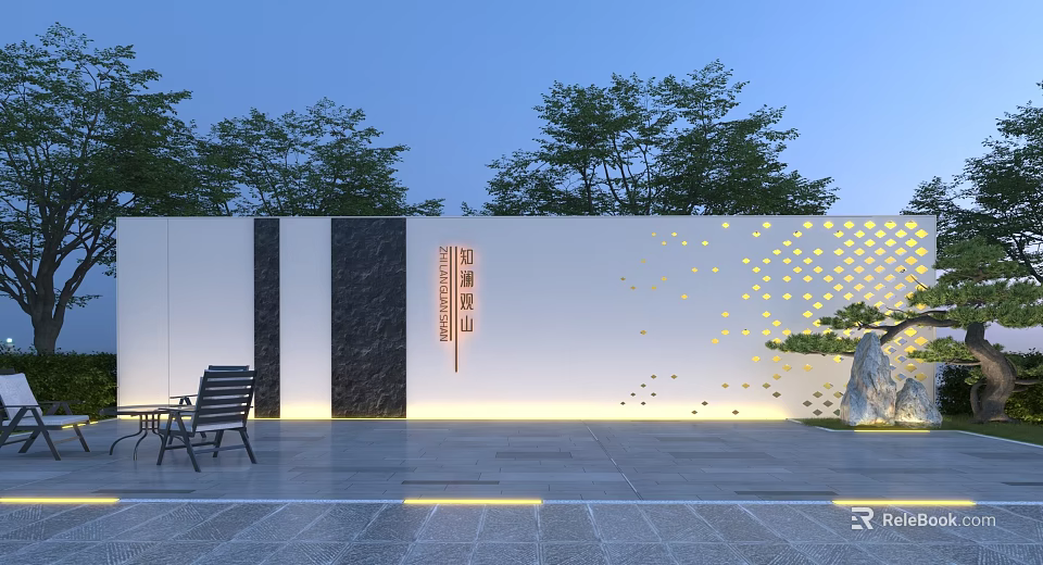 Modern Outdoor Feature Wall With White Surface Black Panel And Perforated Golden Dots Lighting 3d model 