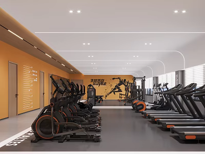 Modern Gym Interior with Treadmills Elliptical Machines and Spacious Layout For Fitness Training 3d model
