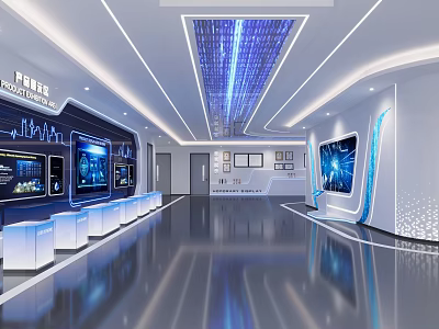 Futuristic Modern Tech Enterprise Exhibition Hall With Interactive Digital Display Screens And Sleek Design 3d model