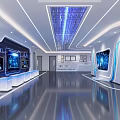 Futuristic Modern Tech Enterprise Exhibition Hall With Interactive Digital Display Screens And Sleek Design