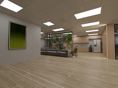 Modern Office Interior With Open Space Sofa Plants Ceiling Lights And Wooden Flooring 3d model