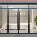 Modern Office Front Desk Reception Area With Glass Door White Desk And Potted Plant