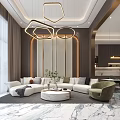 Modern Living and Dining Room Interior Design With Marble Wall Sofa TV And Chandelier