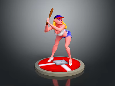 Swinging Female Baseball Character Wearing Cap Holding Bat On Red Base With White Markings 3d model