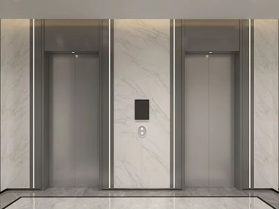 Modern Elevator Lobby With Two Elevators Marble Walls Metal Trim And Control Panel 3d model