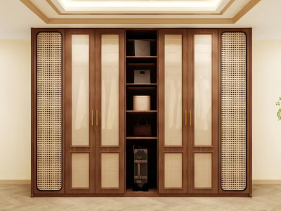 Traditional Wooden Wardrobe With Lattice Panel Doors And Gold Handles Interior Storage Shelves 3d model