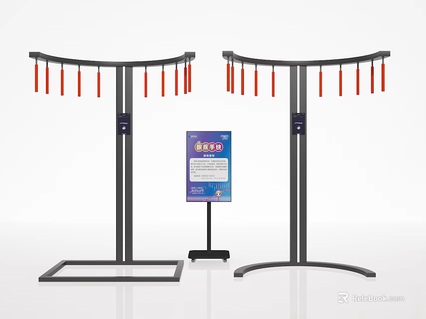 Beer Promotion Display Stand With Two Black Metal Frames And Red Hanging Strips 3d model 